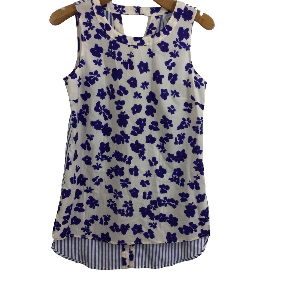 Cabi Hi-Low Floral Striped Sleeveless Split Back Tunic Blouse Top Blue White S